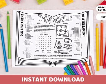 Books of the Bible Coloring Placemat Printable | Sunday School, Homeschool, Kids Church Lesson Craft | Bible Activity Game Sheet Table Mat