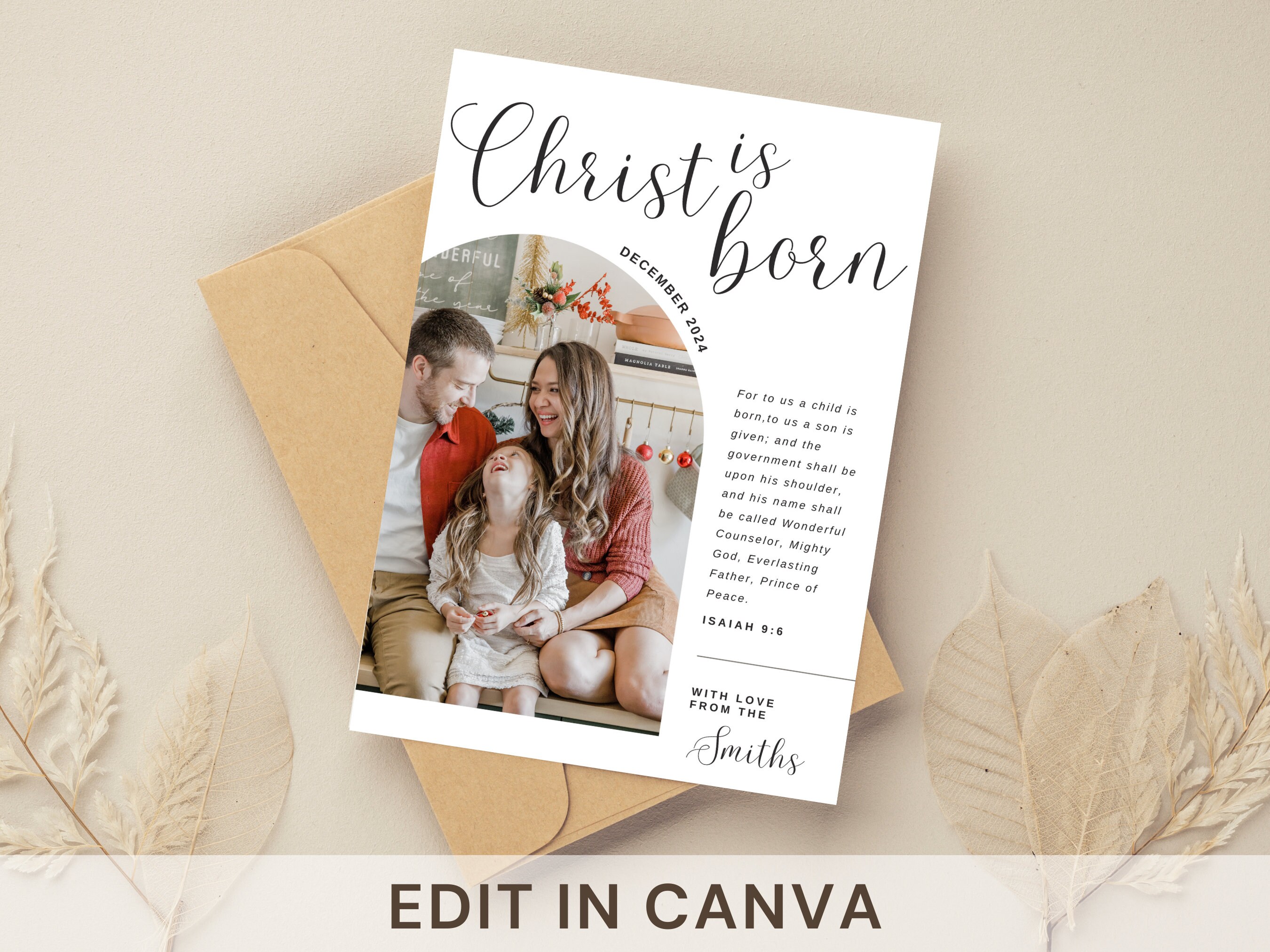Christian Editable Christmas Card | Christ is Born Canva Template, Personalized Religious Family Photocard, Modern Bible Verse Greeting Card