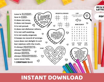 Christian Kids Love Activity Placemat | 1 Corinthians 13 Bible Worksheet | Church Sunday School Valentines Craft | Homeschool Coloring Page