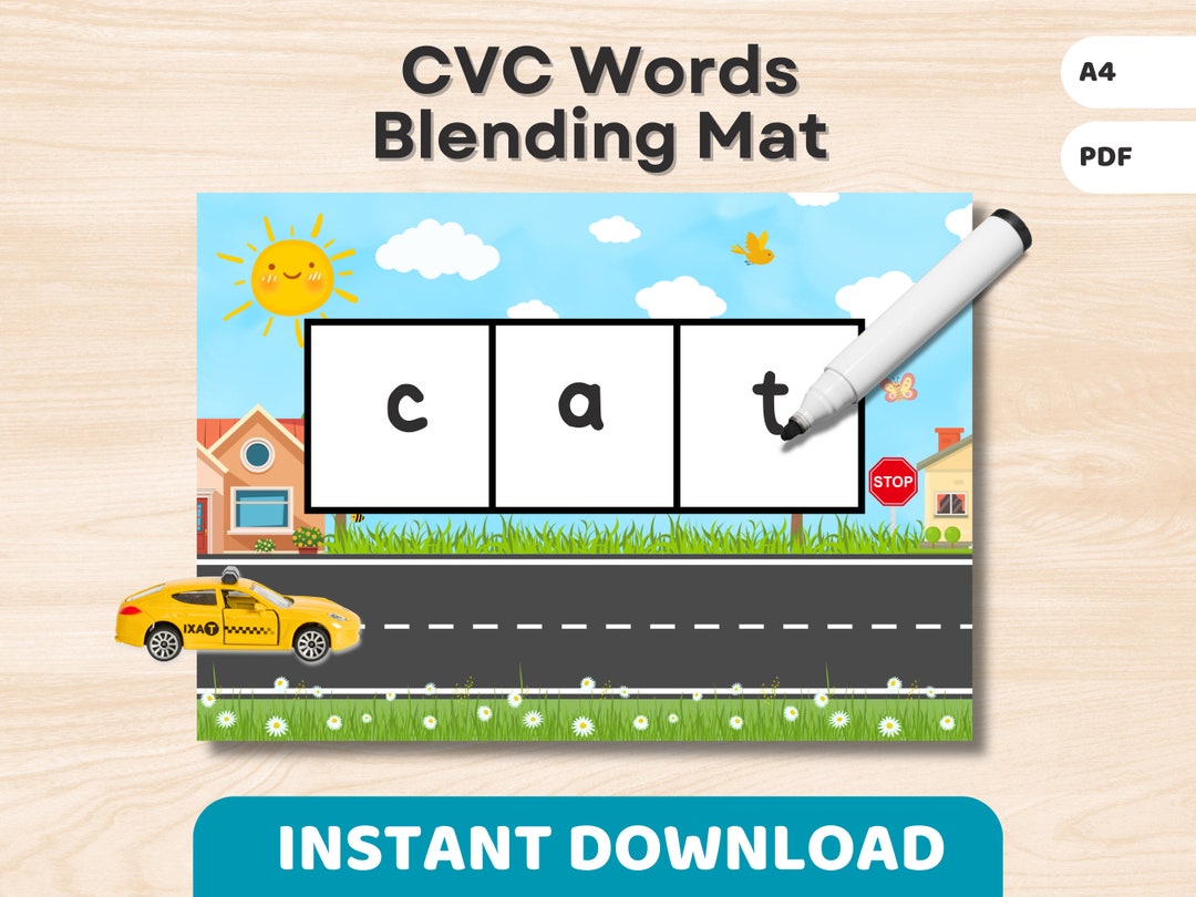 CVC Words Car Blending Mat Printable Phonics Reading, Word Building