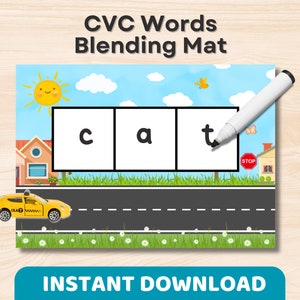 CVC Words Car Blending Mat zum Ausdrucken | Phonetik Lesen, Wort Bauen | Lernaktivität für die Vorschule | Digraph Arbeitsblatt | Geschenkidee