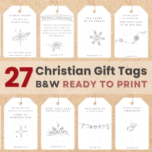27 christliche Weihnachtsgeschenkanhänger zum Ausdrucken | Moderne minimale Weihnachtsbibel-Verskarten, Geschenkaufkleber der religiösen Schrift, Krippenlinienkunst