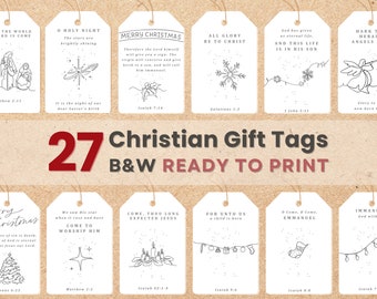 27 Christian Christmas Gift Tags Printable | Modern Minimal Christmas Bible Verse Cards, Religious Scripture Gift Label, Nativity Line Art