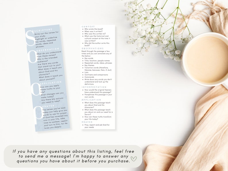 pastel blue soap bible study bookmark printed next to a coffee cup
