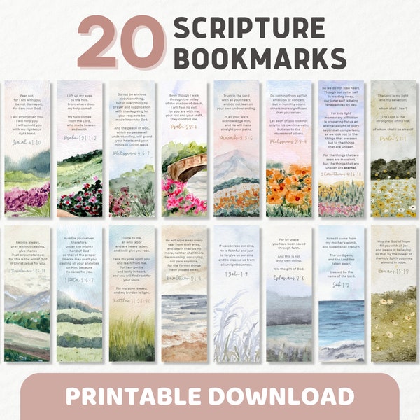 Bible Scripture Bookmarks Printable | ESV Christian Bible Verse Bookmark Gifts for Women Baptism | Inspirational Affirmations Watercolor Set