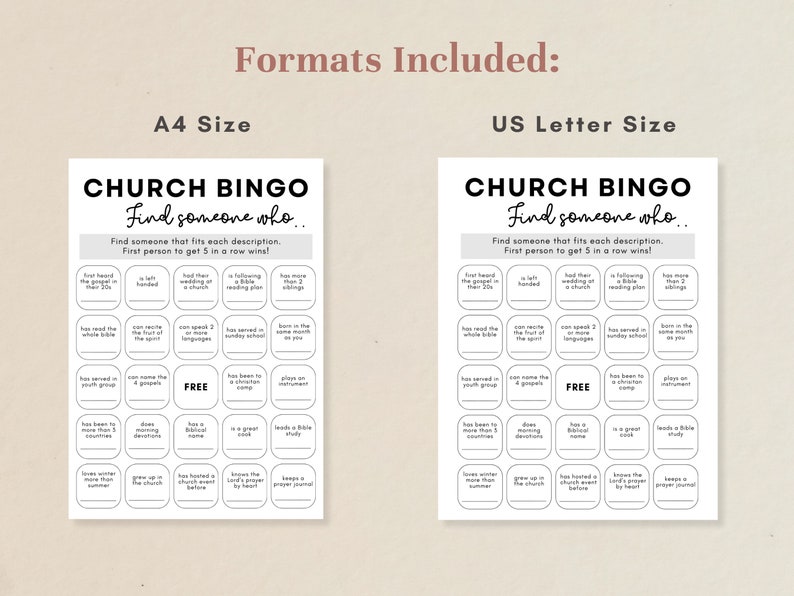 Church Bingo Ice Breaker Game in A4 size or US letter size