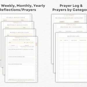 daily, weekly, monthly, yearly reflections. Prayer log and prayers by category