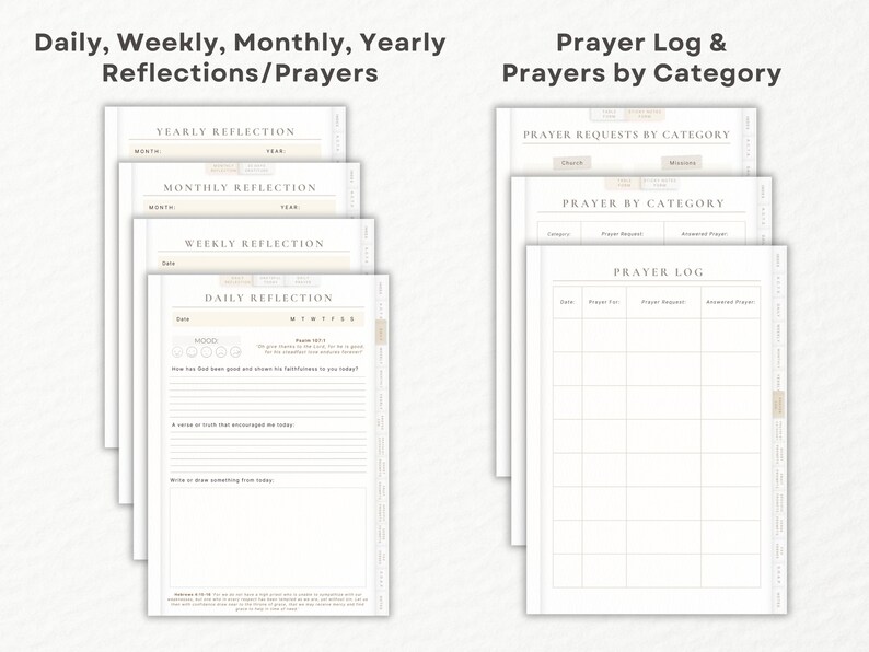 daily, weekly, monthly, yearly reflections. Prayer log and prayers by category