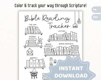 Registro de lectura de la Biblia / Registro de lectura de los libros de la Biblia para imprimir / Estantería de libros de la Biblia / Antiguo Testamento / Nuevo Testamento / Registro de estudio bíblico