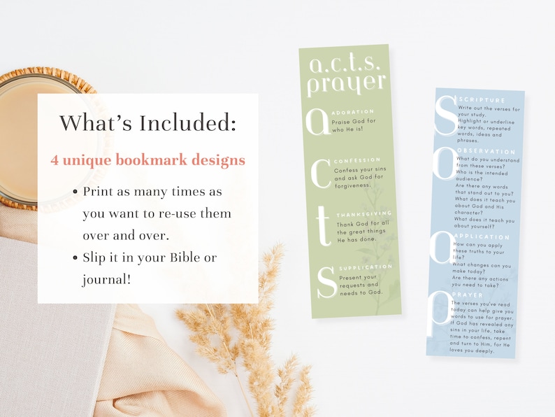 green acts prayer bookmark and blue soap bible study bookmark