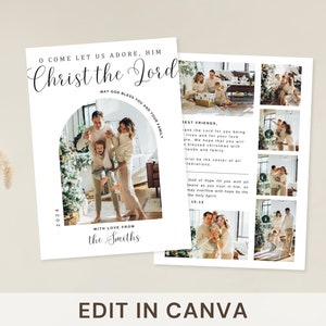 Carte photo modifiable pour Noël en famille | Modèle Christian Canvas | Carte Pour Les Fêtes O viens, adorons le Christ le Seigneur, voeux religieux de la Bible