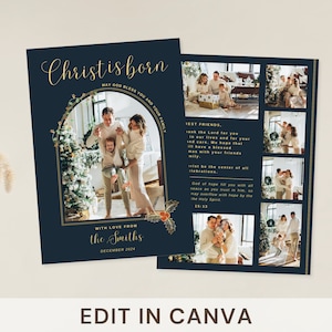 Christelijke bewerkbare canvassjabloon kerstkaart | Marinegouden Christ is Born-bijbelwenskaart, religieus gepersonaliseerde familiefotokaart