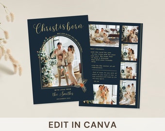 May include: A Christmas card with a blue background and gold accents. The card features a photo of a family in front of a Christmas tree. The text on the card reads "Chris is born" and "With love from the Smiths".
