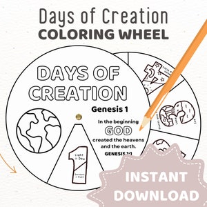 Days of Creation Malrad zum Ausdrucken | Sonntagsschule Bibelaktivität, Hausschulstunde, Kinderkinderkirche, Memory-Spiel-Spinner-Rad
