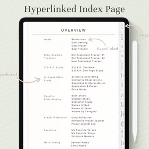 May include: A digital planner on a tablet screen with a stylus. The planner is organized into categories such as goals, bible reading trackers, in-depth bible study, specific bible studies, prayer/reflection, favorites, and note-taking. The planner is hyperlinked, allowing users to easily navigate between different sections.