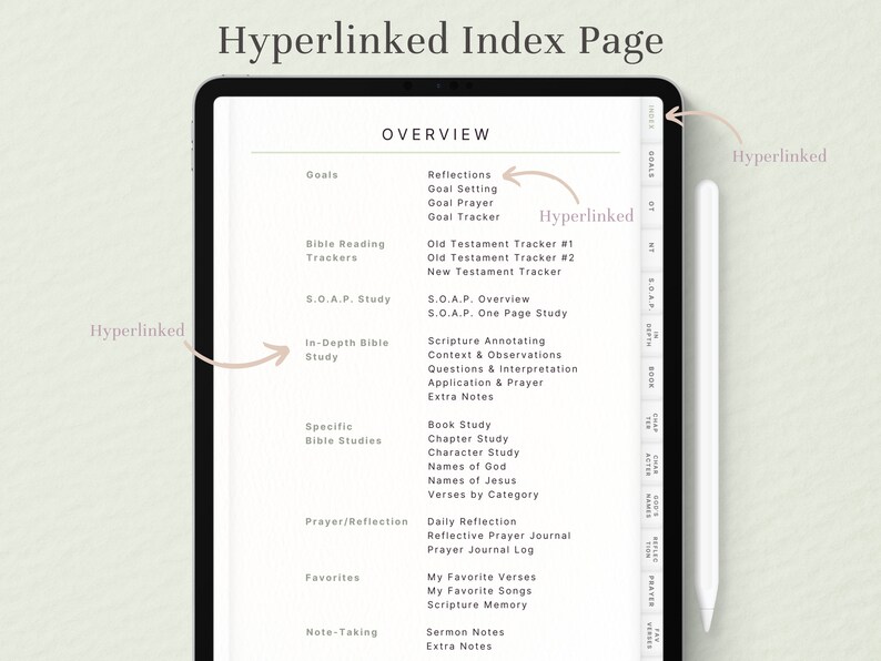 May include: A digital planner on a tablet screen with a stylus. The planner is organized into categories such as goals, bible reading trackers, in-depth bible study, specific bible studies, prayer/reflection, favorites, and note-taking. The planner is hyperlinked, allowing users to easily navigate between different sections.