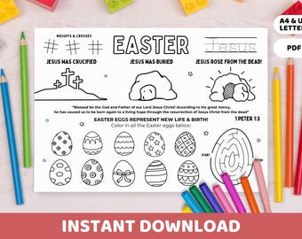 Easter Egg Activity Placemat Printable | Resurrection of Jesus Kids Church Bible Coloring, Easter Sunday School Lesson Homeschool Worksheet