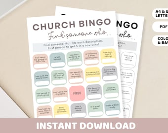 May include: A printable church bingo game with a pink, yellow, and green color scheme. The game is called "Church Bingo: Find Someone Who..." and has a list of prompts like "Has read the whole Bible" and "Is following a Bible reading plan".
