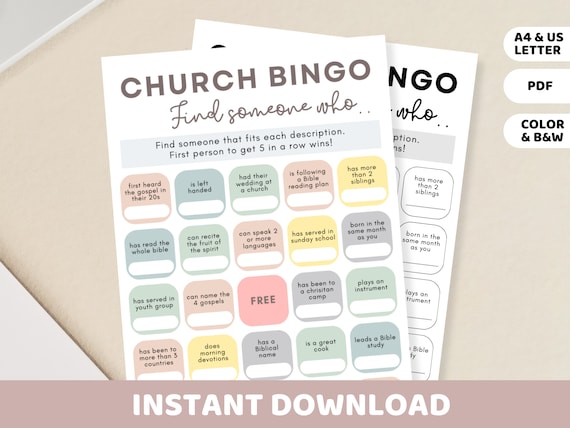 Church Bingo Game Printable | Find Someone Who Game | Christian Icebreaker for Church Party Activity, Youth Group, Camp Event, Sunday School