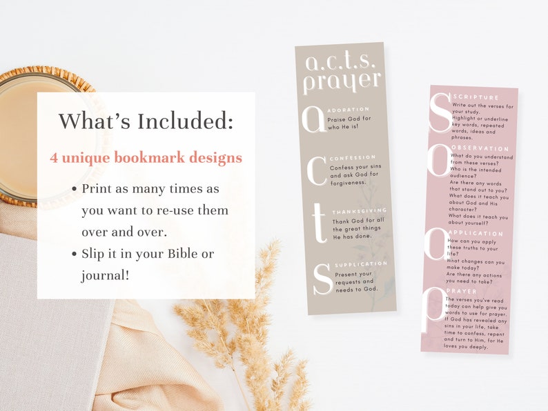 A.C.T.S. prayer method and S.O.A.P. Bible study method bookmark printable