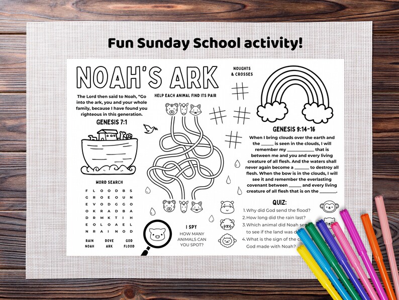 Fun Noahs ark sunday school activity with coloring, maze, fill in the blank, quiz, word search and i spy