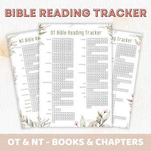 May include: A printable Bible reading tracker with three pages, including a page for the Old Testament, a page for the New Testament, and a page for both. The tracker is designed to help people keep track of their Bible reading progress. The pages are decorated with floral designs.