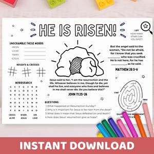 Ele ressuscitou atividade jogo americano para impressão | Ressurreição de Jesus crianças igreja Bíblia para colorir, lição da escola dominical de Páscoa planilha de educação domiciliar