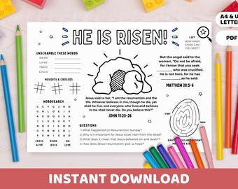 He is Risen Activity Placemat Printable | Resurrection of Jesus Kids Church Bible Coloring, Easter Sunday School Lesson Homeschool Worksheet