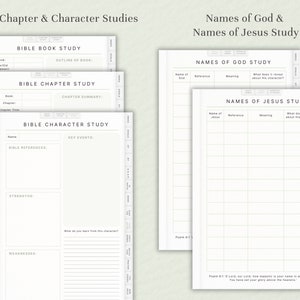 May include: Printable Bible study worksheets for book, chapter, and character studies. Includes sections for outlining a book, summarizing a chapter, and analyzing a character's strengths and weaknesses. Also includes worksheets for studying the names of God and Jesus, with sections for references, meanings, and insights.
