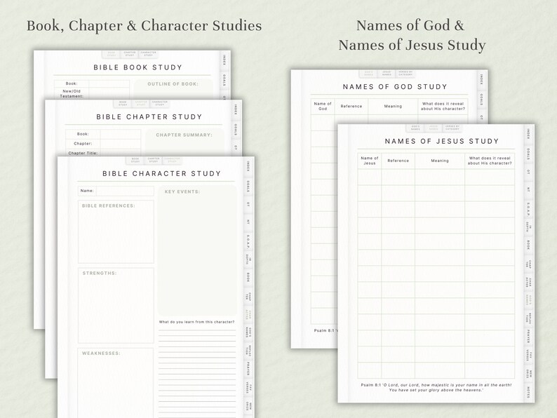 May include: Printable Bible study worksheets for book, chapter, and character studies. Includes sections for outlining a book, summarizing a chapter, and analyzing a character's strengths and weaknesses. Also includes worksheets for studying the names of God and Jesus, with sections for references, meanings, and insights.