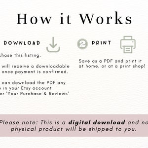 May include: A digital download instruction guide with the text "How it Works" and two steps: "Download" and "Print". The guide explains that the buyer will receive a downloadable PDF after purchase and can print it at home or at a print shop. The text "Please note: This is a digital download and no physical product will be shipped to you." is also included.