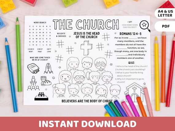 The Church Activity Placemat Printable | Body of Christ Children Bible Coloring Games Worksheet | Sunday School, Homeschool, Church Lesson