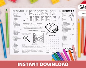 Books of the Bible Placemat Printable | Sunday School, Homeschool, Kids Church Craft | Children Bible Activity Quiz Coloring Games Table Mat