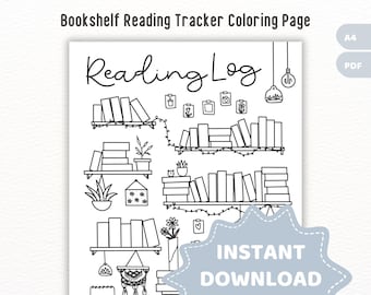 Bookshelf Reading Tracker Printable | Kids Reading Log Book Tracking | Digital Reading Plan GoodNotes | Reading Journal Coloring Page PDF
