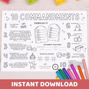 Könnte beinhalten: Ein druckbares Arbeitsblatt mit einer Schwarzweißillustration der Zehn Gebote. Das Arbeitsblatt enthält Aktivitäten wie das Entschlüsseln von Wörtern, das Zählen von Sternen und das Verbinden von Punkten durch Linien. Der Text "EXODUS 20:1-17" ist im Bild enthalten.