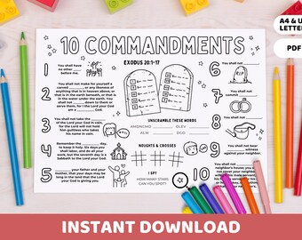 Hoja de actividades imprimible sobre los diez mandamientos / Mantel individual con historia bíblica para niños para colorear y juegos / Escuela dominical, educación en el hogar, lección para la iglesia de los niños