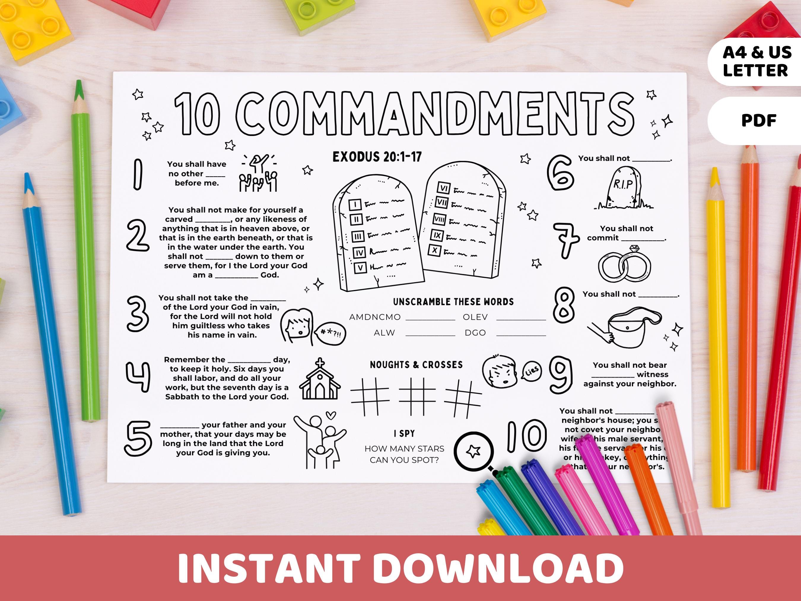 Ten Commandments Activity Sheet Printable | Kids Bible Story Coloring ...