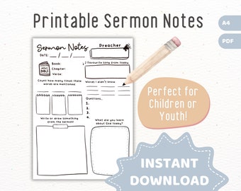 Sermon Notes Printable for Children Kids Elementary School Youth | Kids Sermon Notes Children | Digital Christian Youth Printable Activity