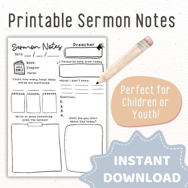 Sermon Notes Printable for Children Kids Elementary School Youth | Kids Sermon Notes Children | Digital Christian Youth Printable Activity