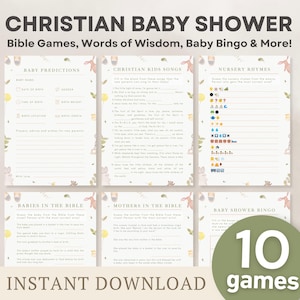 Paquete de juegos imprimibles para baby shower cristiano / Actividades bíblicas para baby shower / Animales bohemios neutros y caprichosos / Tarjetas con consejos y oraciones para bebé (PDF)