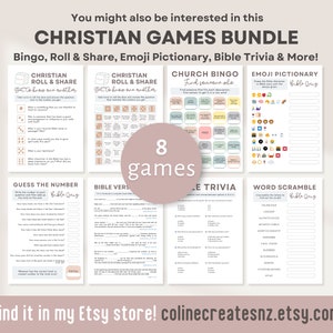 christian icebreaker game bundle printables with bingo, roll and share, emoji pictionary, bible trivia