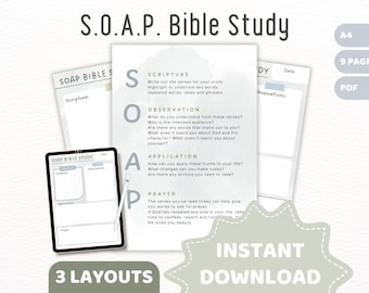 Puede incluir: Una hoja de trabajo de estudio bíblico imprimible con el acrónimo SOAP, que significa Escritura, Observación, Aplicación y Oración. La hoja de trabajo está diseñada para ayudar a las personas a estudiar la Biblia y aplicar sus enseñanzas a sus vidas.