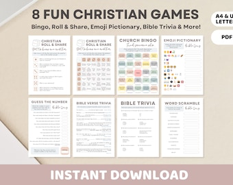 Christian Icebreaker Games Printable | Church Activities for Parties, Events, Youth Group, Womens Ministry | Bible Trivia, Bingo, Pictionary