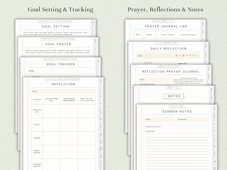 May include: A printable planner with sections for goal setting, prayer, reflection, and notes. The planner includes sections for goal setting, prayer requests, daily reflection, and sermon notes.