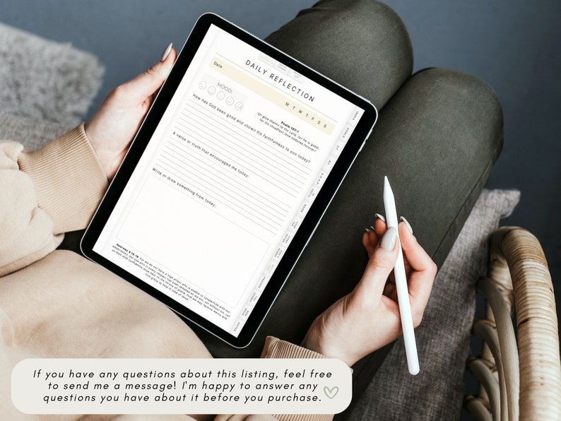 May include: A digital tablet displaying a daily reflection journal page with a mood tracker, space for writing, and a calendar. The text on the page reads "Daily Reflection" and "Mood".