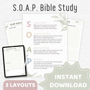 May include: A printable Bible study guide with a green watercolour background. The guide is titled "S.O.A.P. Bible Study" and includes sections for Scripture, Observation, Application, and Prayer.