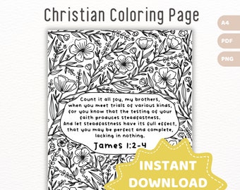 Scripture Coloring Page Christian Bible Verse Coloring Floral Faith Coloring | Adult Coloring Page | Christian Art Craft Activity James