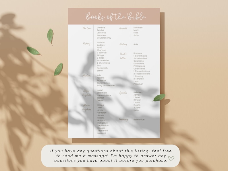 books of the bible printed a4 paper with leaves scattered across the top