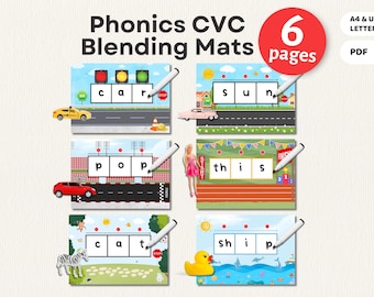 May include: Six printable phonics CVC blending mats for kids. Each mat features a colorful scene with a word to be blended. The words are: car, sun, pop, this, cat, ship.