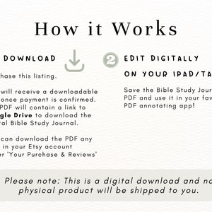 May include: A digital download guide for a Bible study journal. The guide explains how to download the PDF and edit it digitally on an iPad or tablet. The text includes the words "Google Drive" and "PDF annotating app!"
